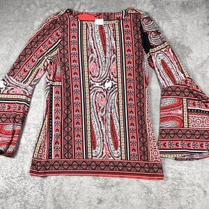 Red Black Paisley‎ Border Print Bell Sleeve Tunic Top Womens Chico's 0 Stretch